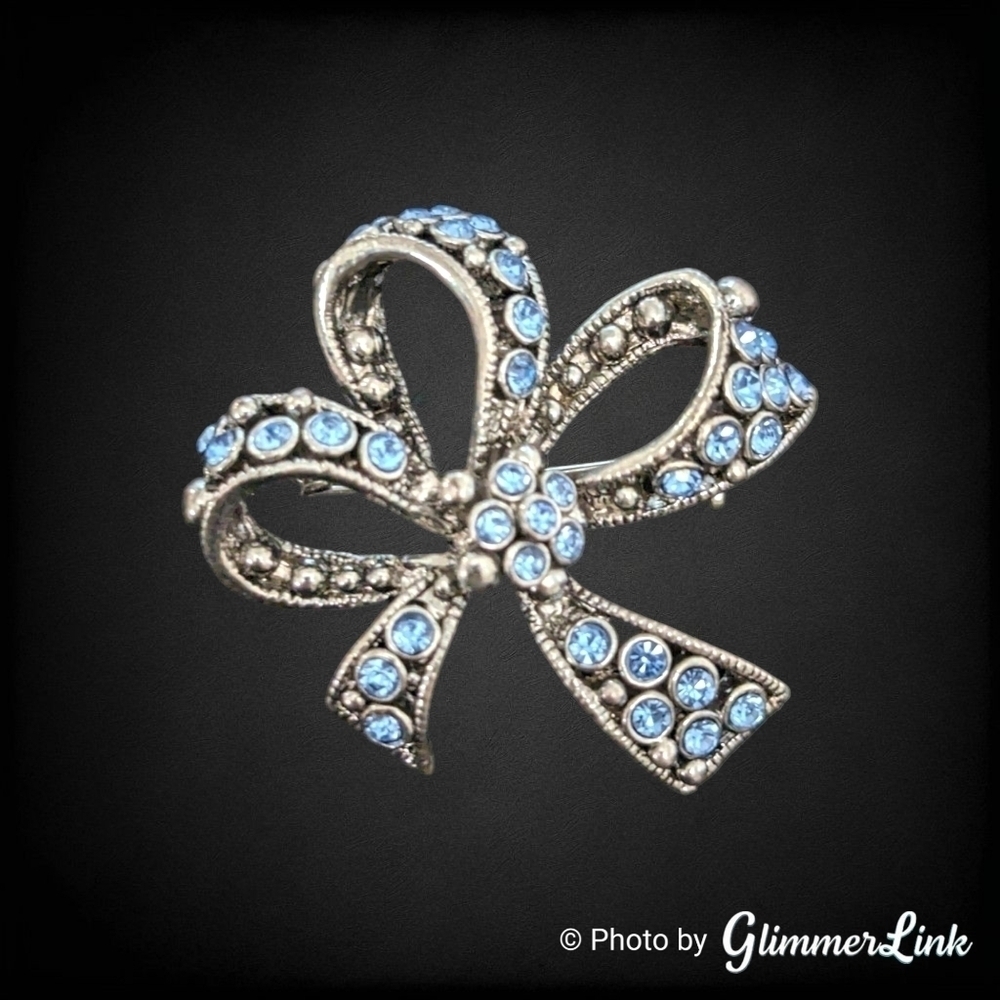 Triple Loop Bow Ribbon Blue Rhinestone Silver Tone Brooch